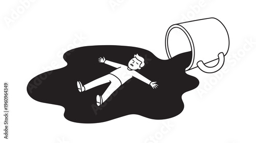 A cartoon person lies overwhelmed in a large puddle of spilled dark liquid from an overturned coffee mug, depicting exhaustion or being drowned in work.