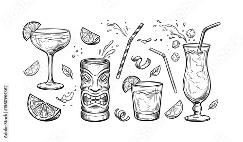 Artistic black and white cocktail illustrations with citrus and ice elements