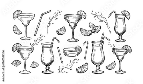 Hand-drawn cocktail glasses with citrus slices and splash effects