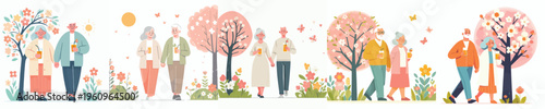 vector of a old couple walking and drinking orange ice in spring atmosphere