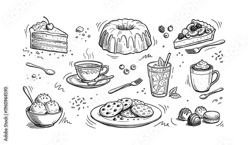 Variety of hand-drawn desserts and beverages in artistic style