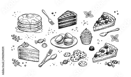 Hand-drawn desserts collection featuring cakes, pancakes, cupcake, macarons, cookies