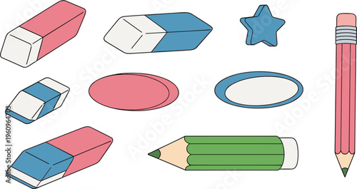 School stationery set illustration, erasers pencil shapes and objects, education supplies collection, classroom tools, colorful learning items, minimal style, student essentials bundle design