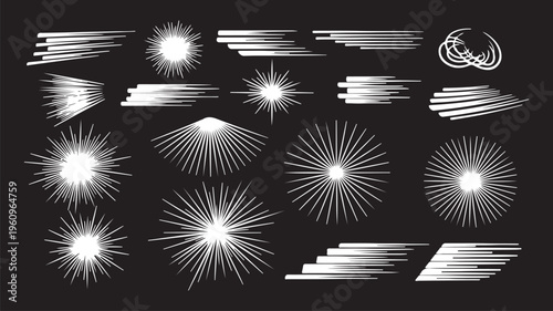 Set of black and white sunburst shapes and floral patterns