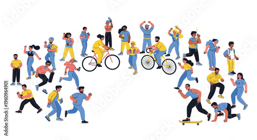 A vibrant and diverse group of individuals actively participates in a variety of dynamic physical activities, including cycling, running, walking, and skateboarding, showcasing a lively community spir