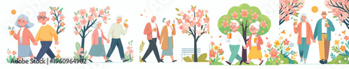 vector of a old couple walking and drinking orange ice in spring atmosphere