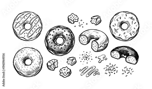 Hand-drawn assorted donuts and bite-sized pastries with sprinkles