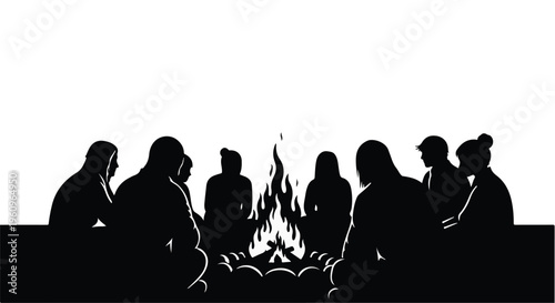 group of people sitting around a campfire silhouette