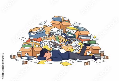 Cartoon Illustration of a Person Buried Under a Huge Messy Pile of Books and Documents