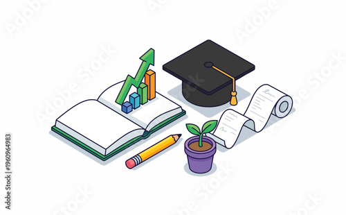 Isometric illustration depicting education, financial growth, learning, and personal development with a graduation cap, open book, rising chart, plant, and scroll.