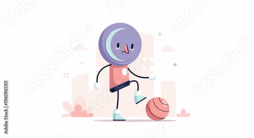 Whimsical character with moon head playing soccer in a stylized city