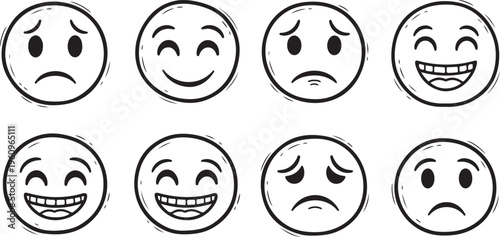Set of fifteen hand drawn doodle emoji icons with various facial expressions isolated on white background, concept for corporate employee feedback, office communication and business