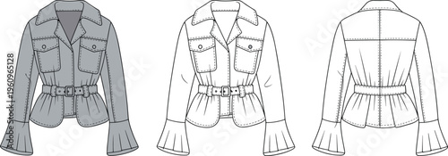 Belted waist jacket flat vector, front and back technical illustration