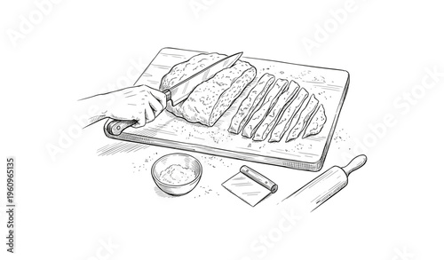 Hand slicing freshly baked bread on cutting board with baking tools