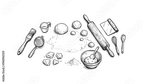 Hand-drawn baking tools and ingredients for bread preparation