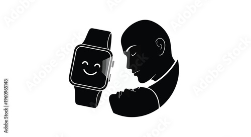 man looking at smartwatch with happy face