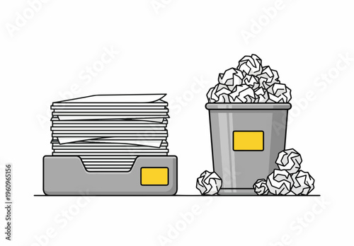 Illustration depicting a stack of organized papers in an inbox tray next to an overflowing trash can filled with crumpled, discarded documents, symbolizing productivity and waste.