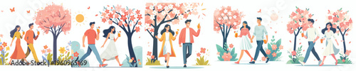 Bilde på lerret vector of a couple walking and drinking orange ice in spring atmosphere