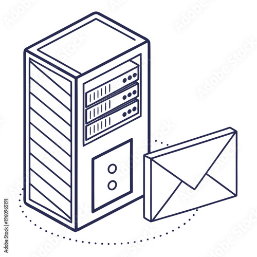 Email server concept an isometric line art vector drawing, a minimalist linear illustration of a mail server and an envelope with dotted line
