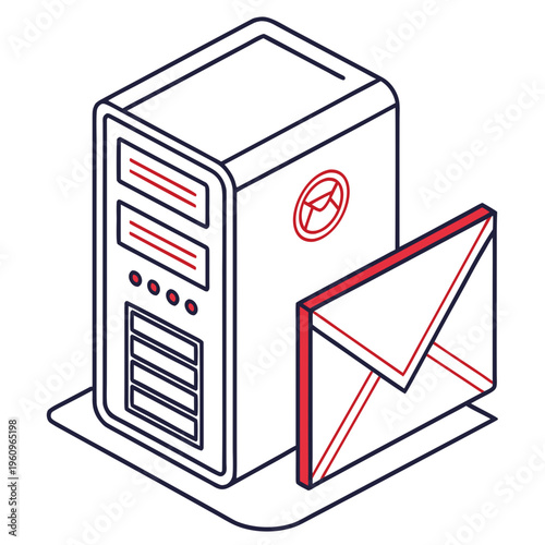 Data center server with large envelope and circular mail icon symbolizing secure email hosting and enterprise network messaging service infrastructure