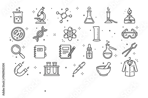Science Lab Equipment, Chemistry & Biology Icons, Outline Vector Set, Research, Education.