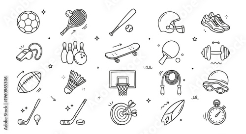 Sports Equipment Vector Icons Set. Line Art Doodle of Fitness, Game, and Healthy Lifestyle Elements.