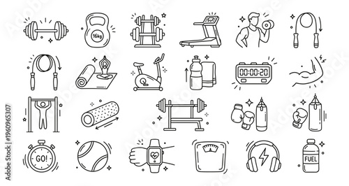 Modern Minimalist Fitness Gym Workout Exercise Line Art Vector Icons Set. Health and Sport Equipment Collection.