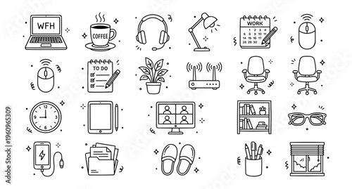 Work From Home (WFH) Doodle Icons Set: Hand-drawn Outline Vector Illustration of Remote Office Essentials for Modern Digital Workspaces, Marketing, and Flexible Business Concepts.