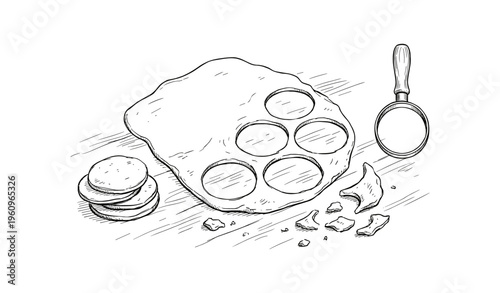 Dough with circular cutouts and stacked biscuits on a wooden surface