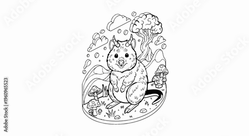 Whimsical creature with horns and bushy tail sits in a magical forest setting