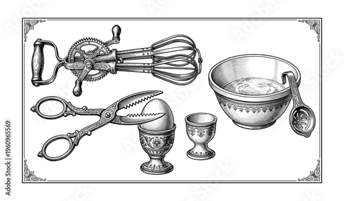 Vintage kitchen utensils illustration with egg beater scissors bowls and egg cups