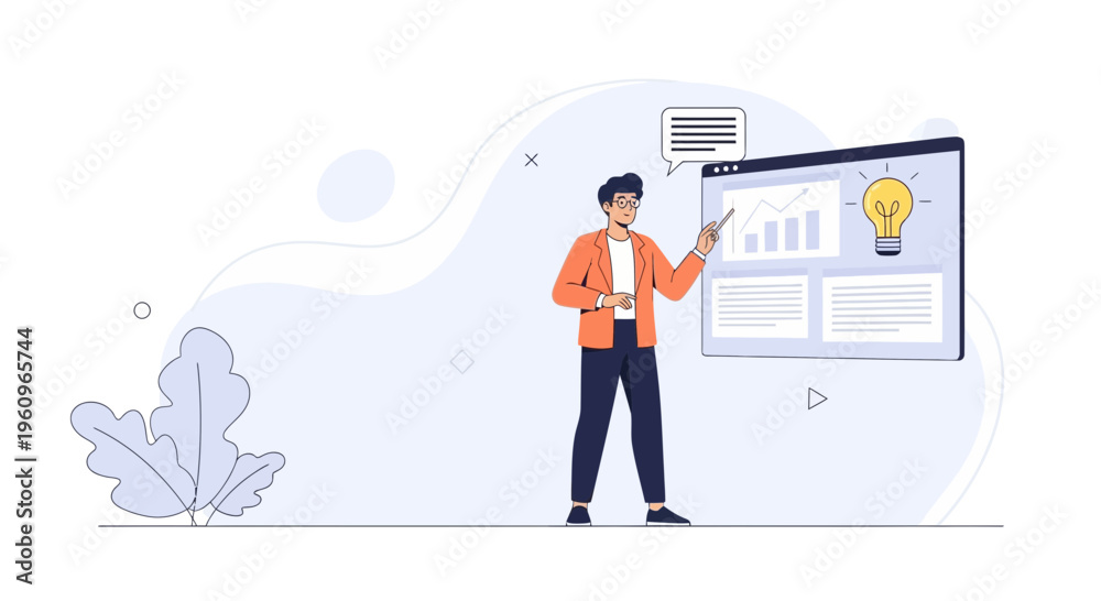 Obraz premium Man presenting business growth chart and lightbulb idea on screen