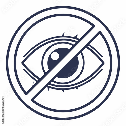 Circular sign featuring stylized eye with diagonal line indicating no photography or restricted visual access for security and privacy applications