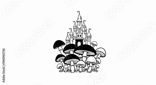 Whimsical fairy-tale castle emerges from a dense cluster of varied mushrooms