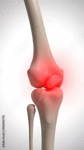 Knee joint bones rotating with animated red glowing pain points showing injury disease or arthritis issues.