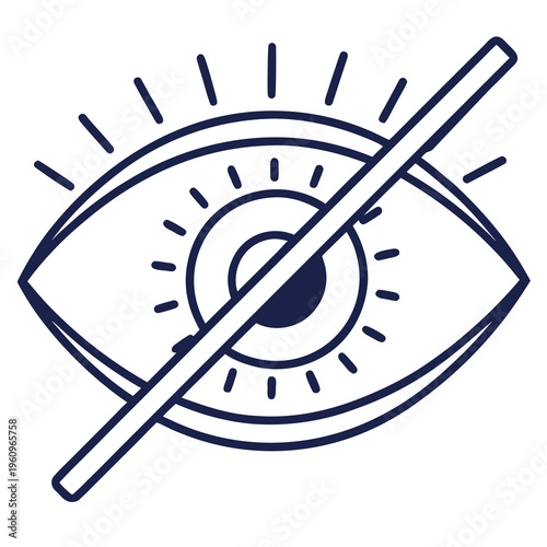 Invisible eye outline with radiating lines, crossed out by a diagonal bar, privacy mode vector icon, unviewable content concept