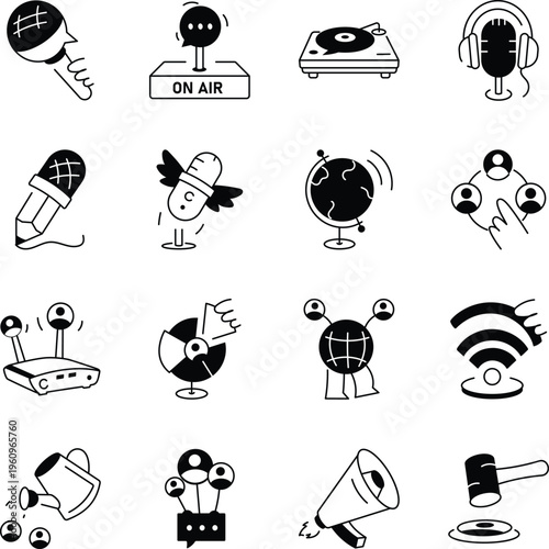 Set of Media and Interaction Doodle Style Illustrations
