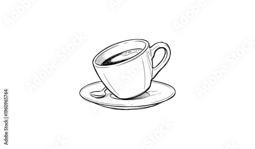 Sketch of a coffee cup on a saucer with spoon in black and white