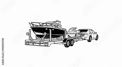 Vehicle towing a boat and a jet ski on a trailer