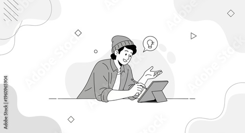 Young person in beanie with tablet, having an idea, lightbulb icon, minimalist illustration