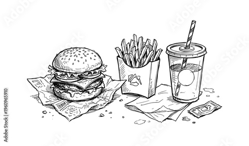 Sketch of classic fast food meal with burger, fries, and drink