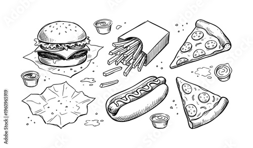 Hand-drawn fast food variety with burger, fries, pizza, and hot dog
