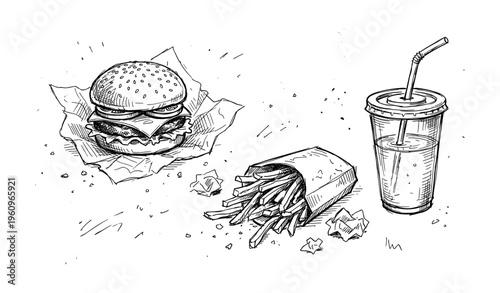 Hand-drawn fast food meal with burger, fries, and drink