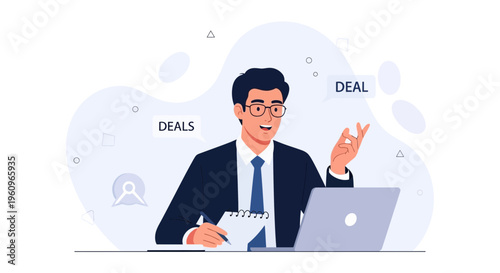 Businessman Negotiating Deals Online, Working Remotely with Laptop and Notebook