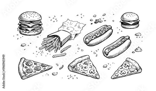 Hand-drawn fast food variety with burgers, hot dogs, fries, and pizza slices