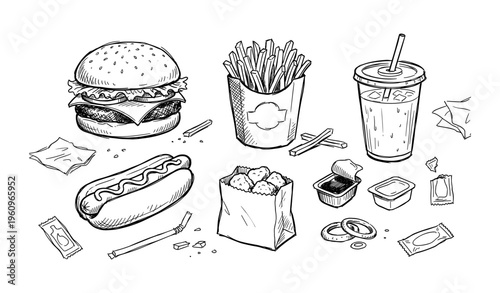 Hand-drawn fast food collection featuring burger, fries, hot dog, and soda with dipping sauces