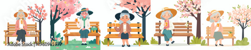 vector of a grandma sitting on a park bench drinking orange juice in spring