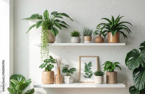 Interior scene shows two white shelves filled with various potted houseplants, decorative items. Green leaves add natural touch to minimalist room decor. Botanical arrangement creates cozy, fresh
