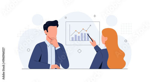 Business meeting: man thinking, woman presenting growth chart, strategy discussion