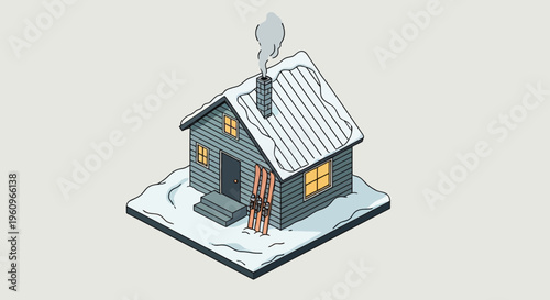 Isometric wood hut snow ice ski cold home house roof smoke blue winter cabin vector illustration